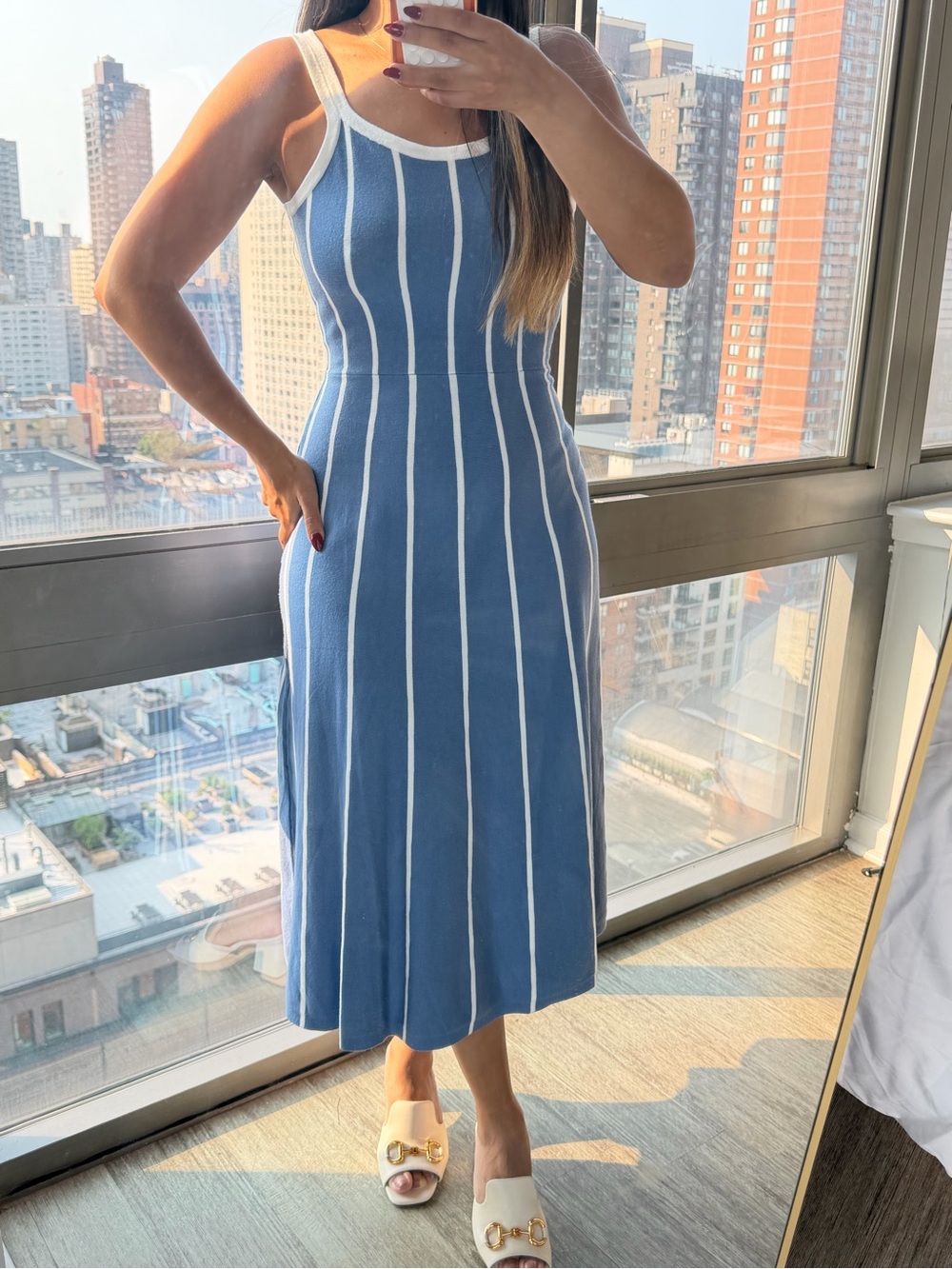 Sleeveless Blue Vertical-Stripe Knit Midi Dress with White Trim